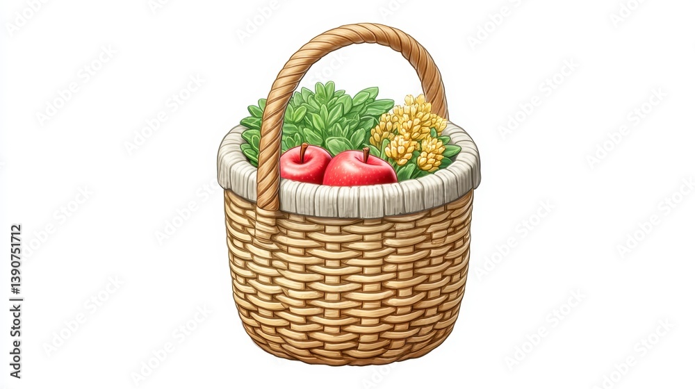 Rustic Wicker Basket with Apples, Herbs and Flowers Rustic Wicker Basket with Apples, Herbs and Flowers