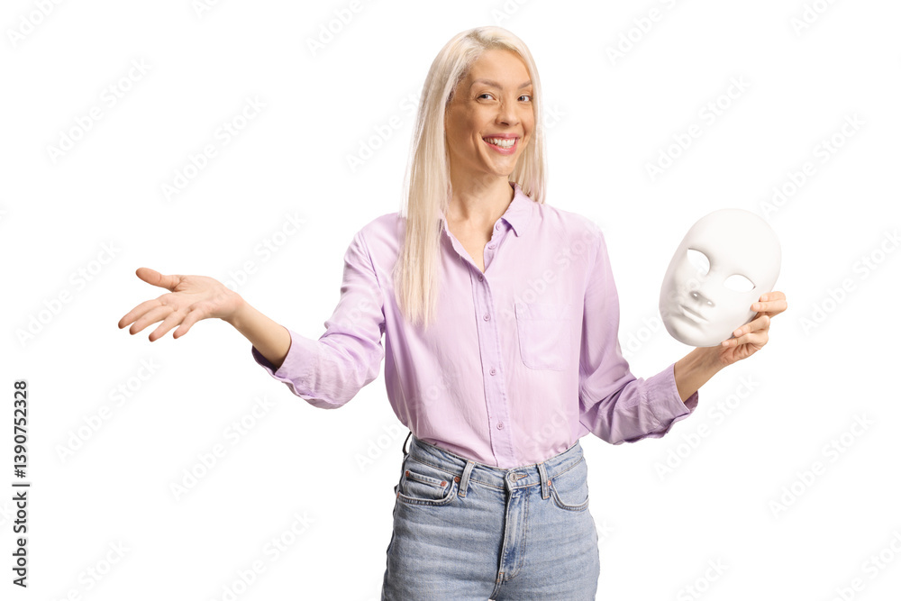 Obraz premium Woman holding a white masquerade mask