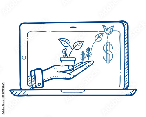 Hand nurturing plants and money growth on laptop screen  