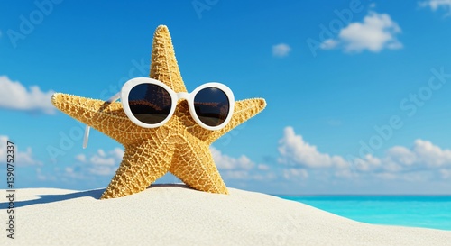 A yellow starfish is standing upright on a white sandy beach, wearing a pair of white sunglasses. The background features a clear blue sea and a bright blue sky with scattered white clouds.