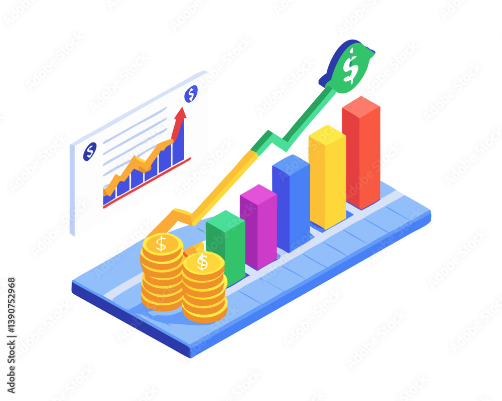 Investment Growth Visualization with Colorful Graphs and Coins  