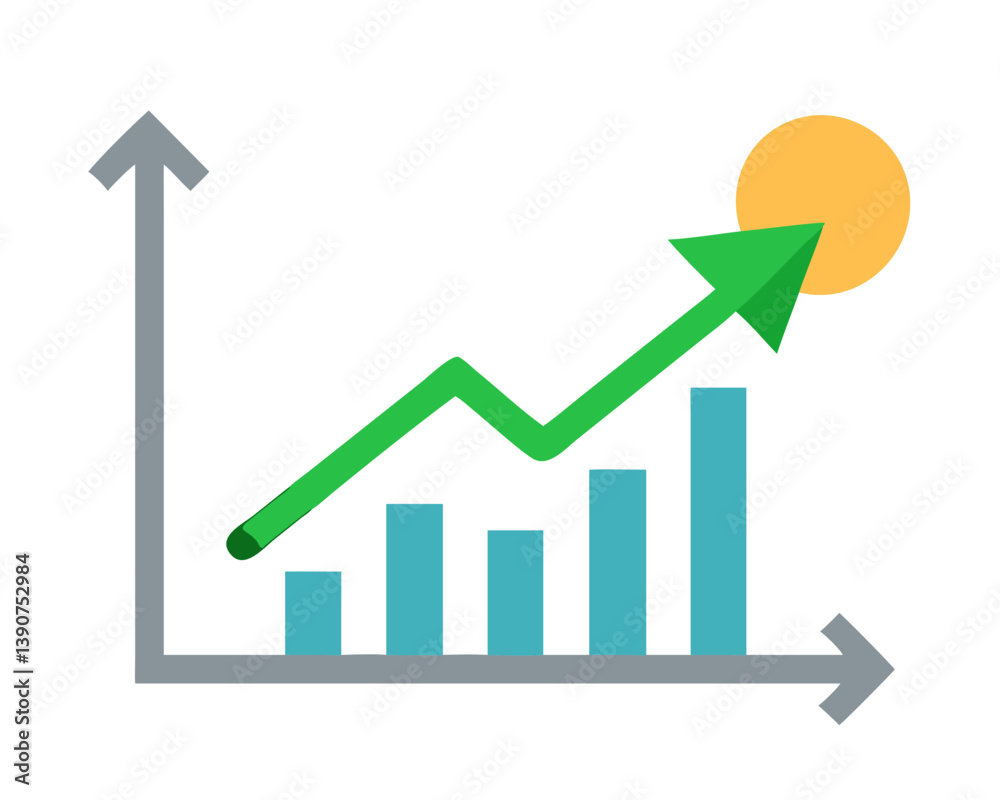 Business growth chart with upward trend and sun icon  