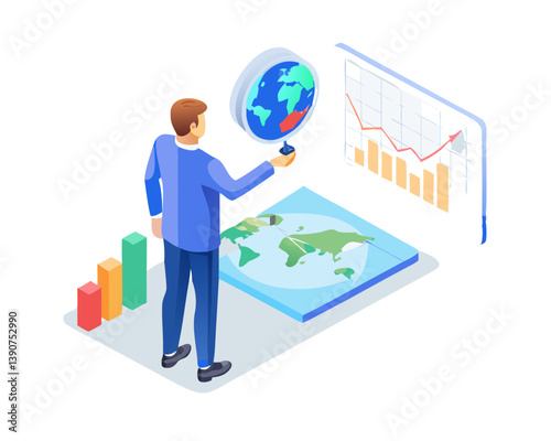 Hedge fund manager analyzing global data with charts and maps  