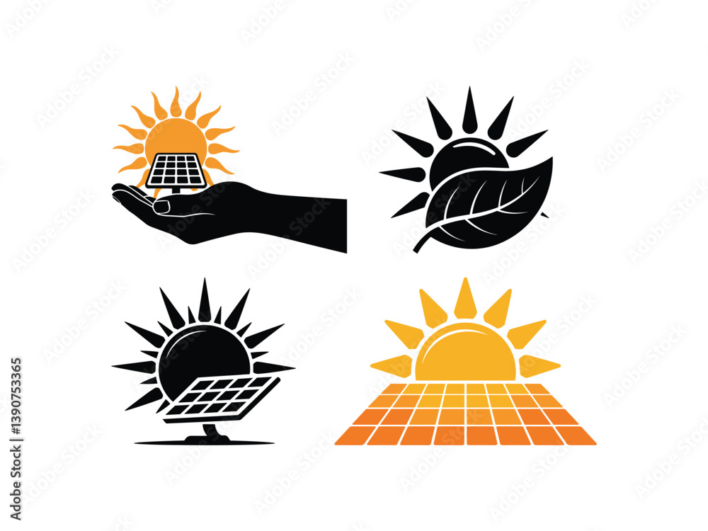 Obraz premium Renewable Solar Energy Symbol Silhouettes Vector Set - Clean Power Design