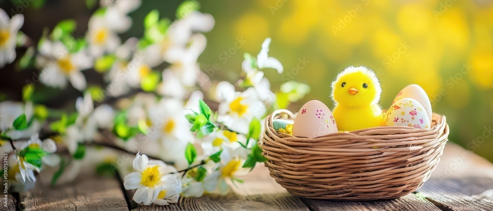 Chick in basket with decorated eggs