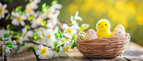 Obraz na płótnie Chick in basket with decorated eggs w salonie