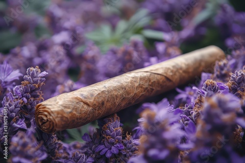 Cigar on fragrant purple flowers outdoors