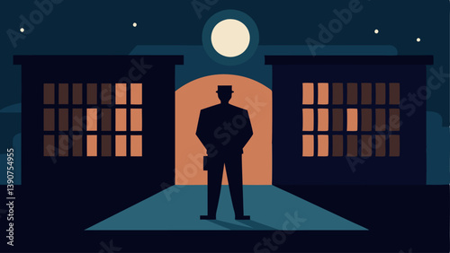Night Watch A silhouette of a guard stands against the backdrop of a moonlit prison block with cells illuminated and inmates visible through the bars.
