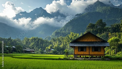 Asian village nestled in valley, rice paddies, mountains, serene, peaceful