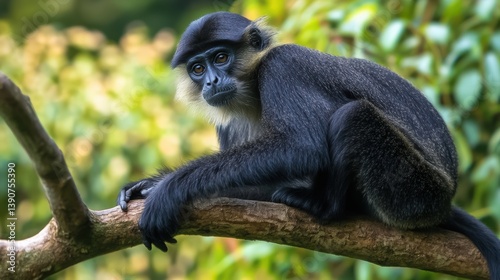Angola black-and-white colobus monkey resting on a branch