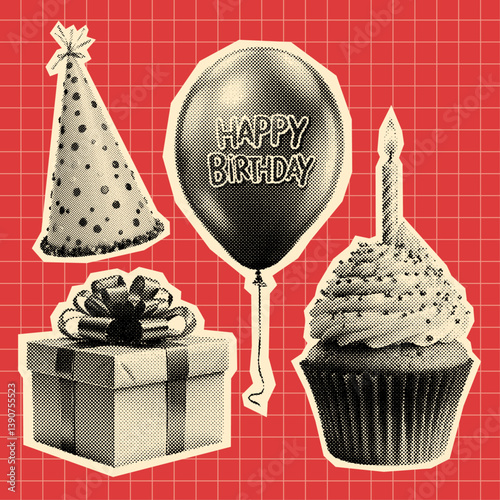 birthday set, cupcake, balloon, present and a birthday cone hat, retro halftone effect, vintage photocopy collection