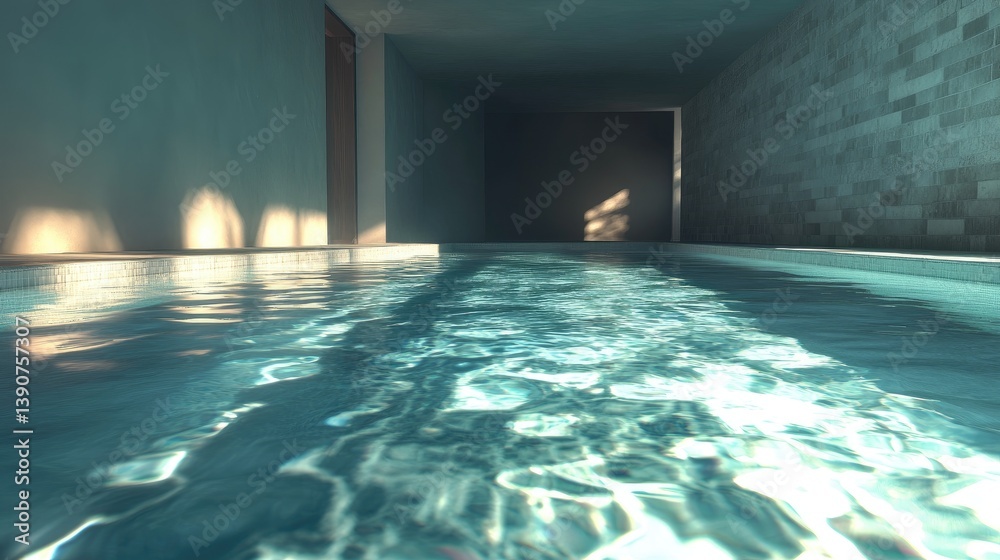 Obraz premium Serene Indoor Swimming Pool with Sunlight Reflections and Modern Architecture for Relaxation or Wellness Themes