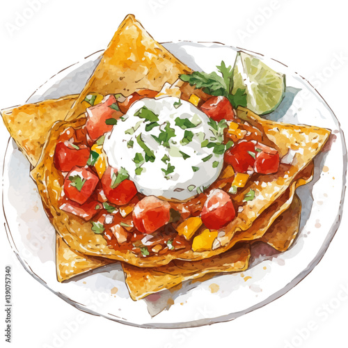 A watercolor painting of Chilaquiles, isolated on a white background. Chilaquiles vector

