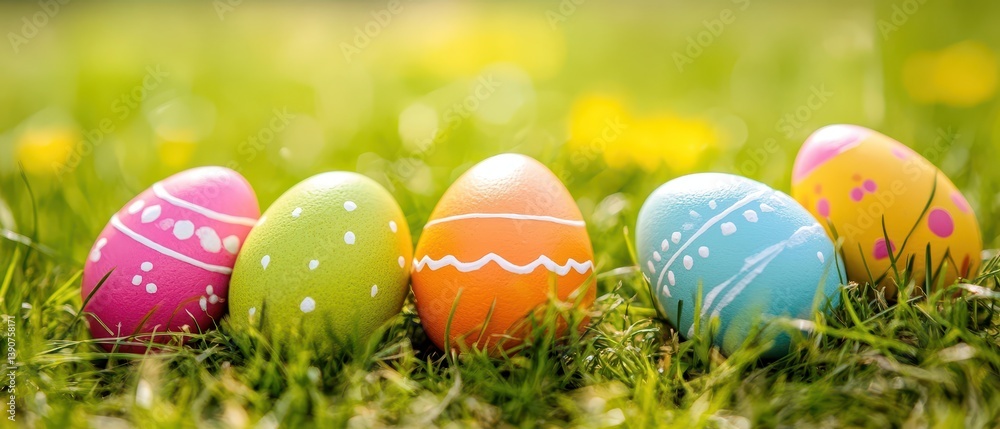 Bright eggs on grass for spring fest