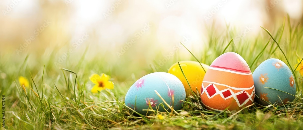 Colorful Easter eggs on lush green grass