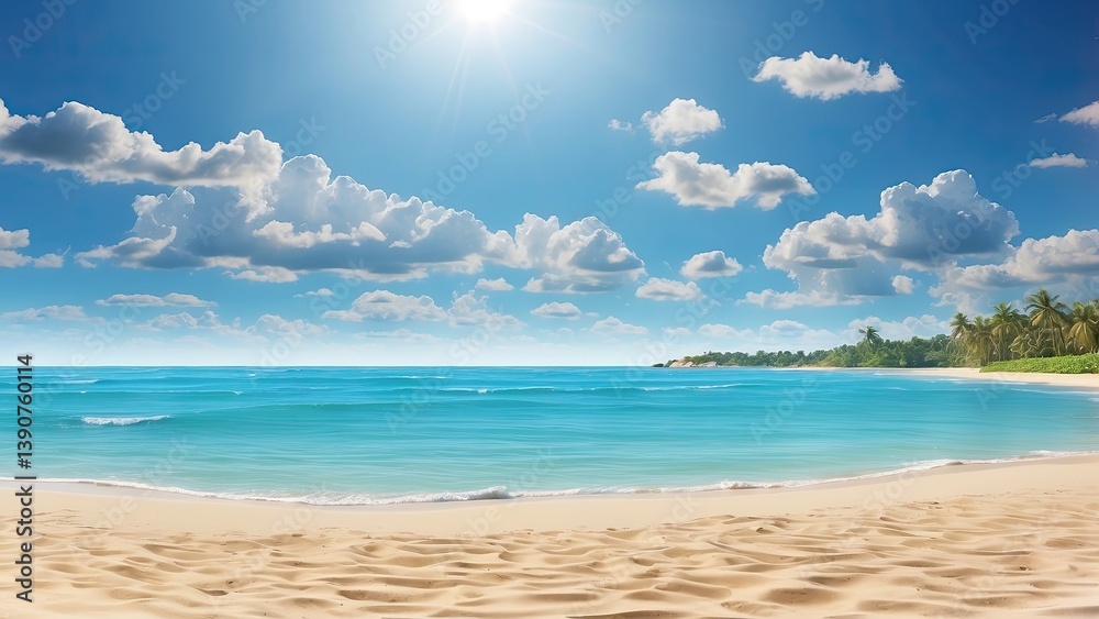 Fototapeta premium A serene beach scene under a bright, clear blue sky.