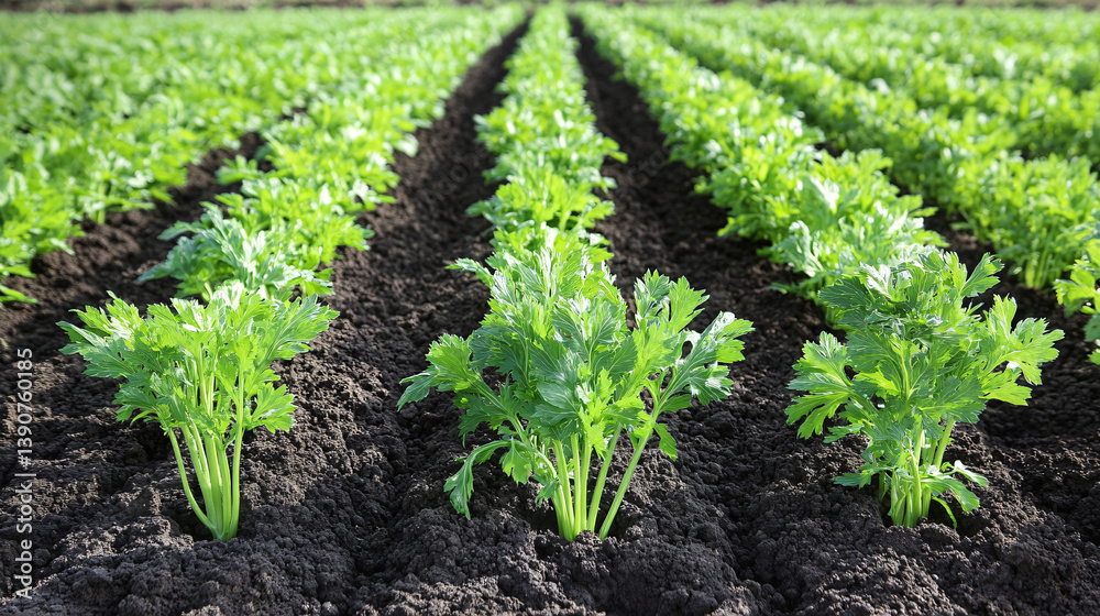 Thriving Celery Rows Amidst Fertile Soil Showcase Agricultural Abundance Thriving Celery Rows Amidst Fertile Soil Showcase Agricultural Abundance