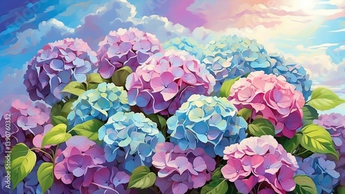A vibrant scene of a garden featuring clusters of blue and purple hydrangea flowers