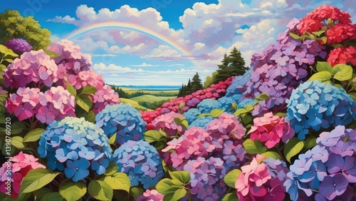 A vibrant scene of a garden featuring clusters of blue and purple hydrangea flowers
