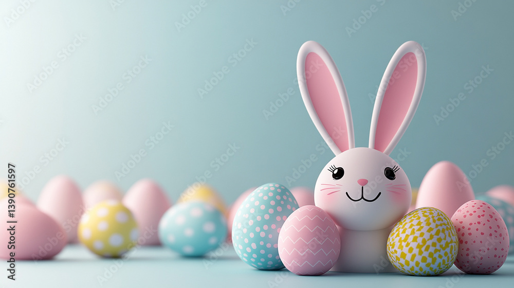 Obraz premium Adorable 3D Easter bunny face surrounded by colorful pastel eggs in a joyful candy-like 3D scene with soft lighting, evoking cheerful spring vibes and modern festive energy