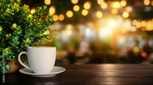 White Coffee Cup On Saucer Near Green Plant on Dark Wood Table with Bokeh Lights