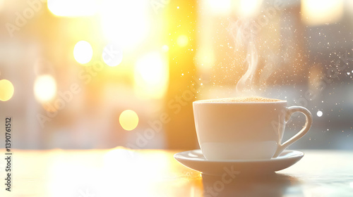 White Coffee Cup On Saucer With Steam And Bokeh In Warm Sunlight