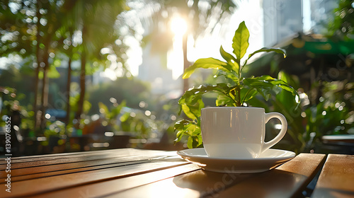 White Coffee Cup on Wooden Table with Sunlight and Green Foliage Background