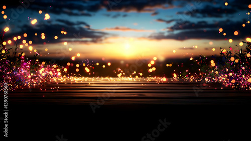 Sunset Over Water With Scattered Light Particles And Reflecting On Surface With Dark Foreground