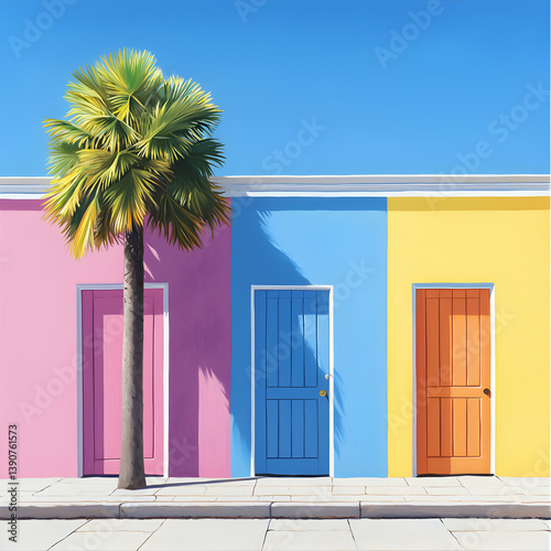 Vibrant Building Facades With Colorful Doors and Palm Tree Against Blue Sky