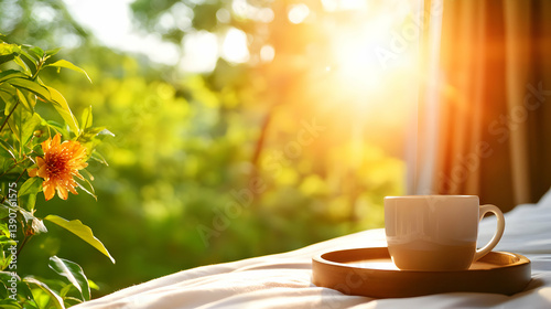 White Coffee Cup On Wooden Tray Beside a Window with Green Foliage in Bright Sunlight at Morning