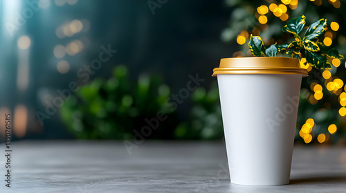 White Coffee Cup with Gold Lid and Green Plant Against Blurred Holiday Lights