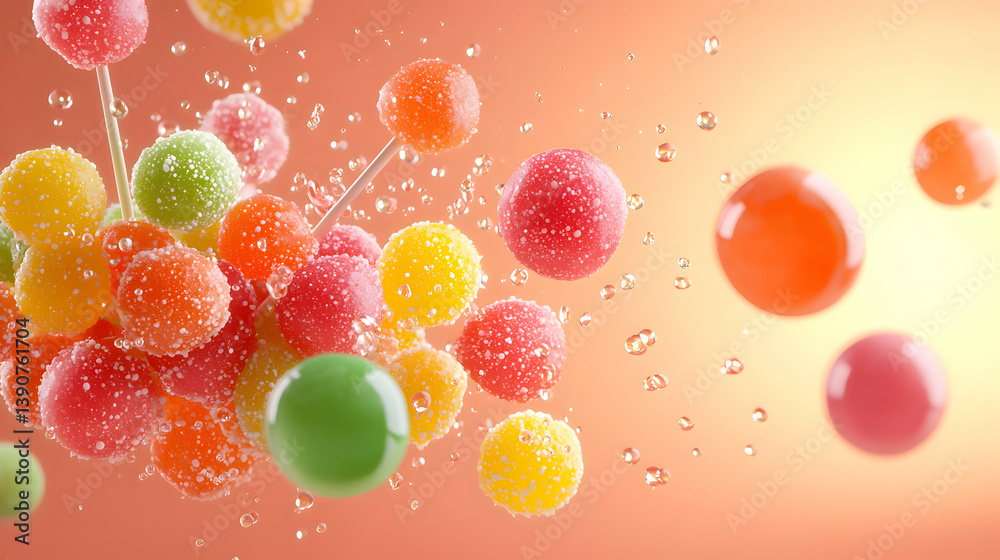 Vibrant Candy Spheres with Sugar Coating Floating Against Orange Background with Droplets Vibrant Candy Spheres with Sugar Coating Floating Against Orange Background with Droplets