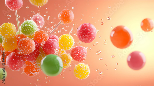 Vibrant Candy Spheres with Sugar Coating Floating Against Orange Background with Droplets