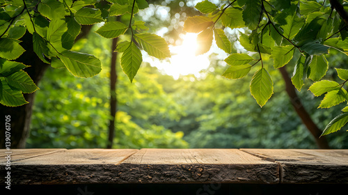 Wooden Table With Green Forest Foliage And Sunlight In A Natural Outdoor Setting