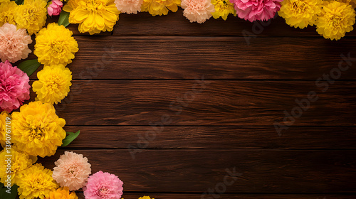 Vibrant Carnation Floral Border Against Rustic Wooden Background With Copy Space