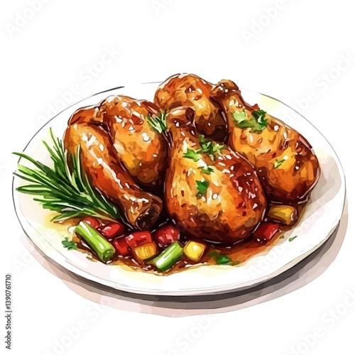 A watercolor painting of Chicken Adobo, isolated on a white background. Chicken Adobo vector

