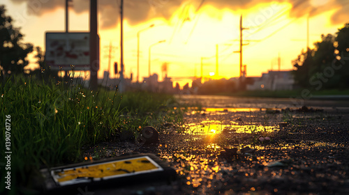 Sunset Over Wet Road Reflecting Golden Light Highlighting Grass and Blurry Background Elements