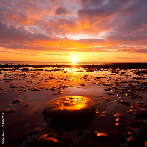 Sunset Over Wet Rocky Beach Reflecting Golden Light and Vibrant Orange Sky
