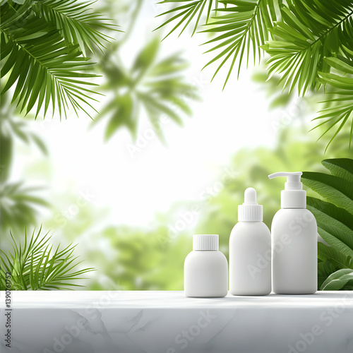 White Cosmetic Bottles On Marble Surface Surrounded By Green Tropical Leaves With Blurred Background