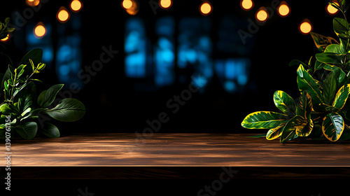 Wooden Table With Green Leaves and Warm Lights Creating a Warm Atmosphere