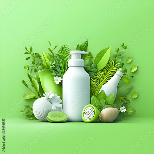 White Cosmetic Bottles Surrounded By Fresh Green Foliage And Fruits On Green Background