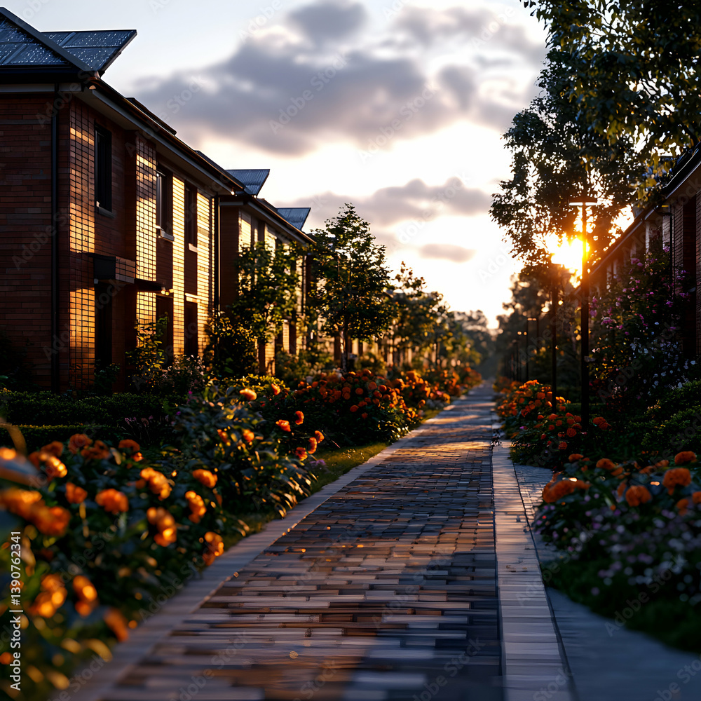Fototapeta premium Sunset Pathway Through Residential Buildings With Orange Flowers and Golden Light
