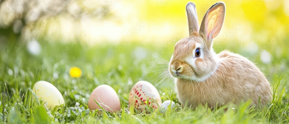 Rabbit by colorful eggs in grass