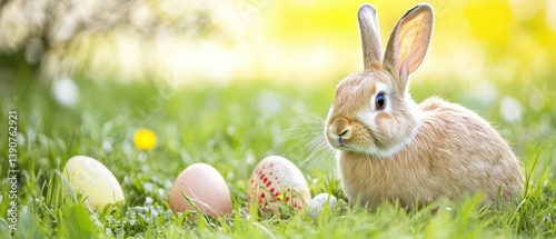 Obraz na płótnie Rabbit by colorful eggs in grass w salonie