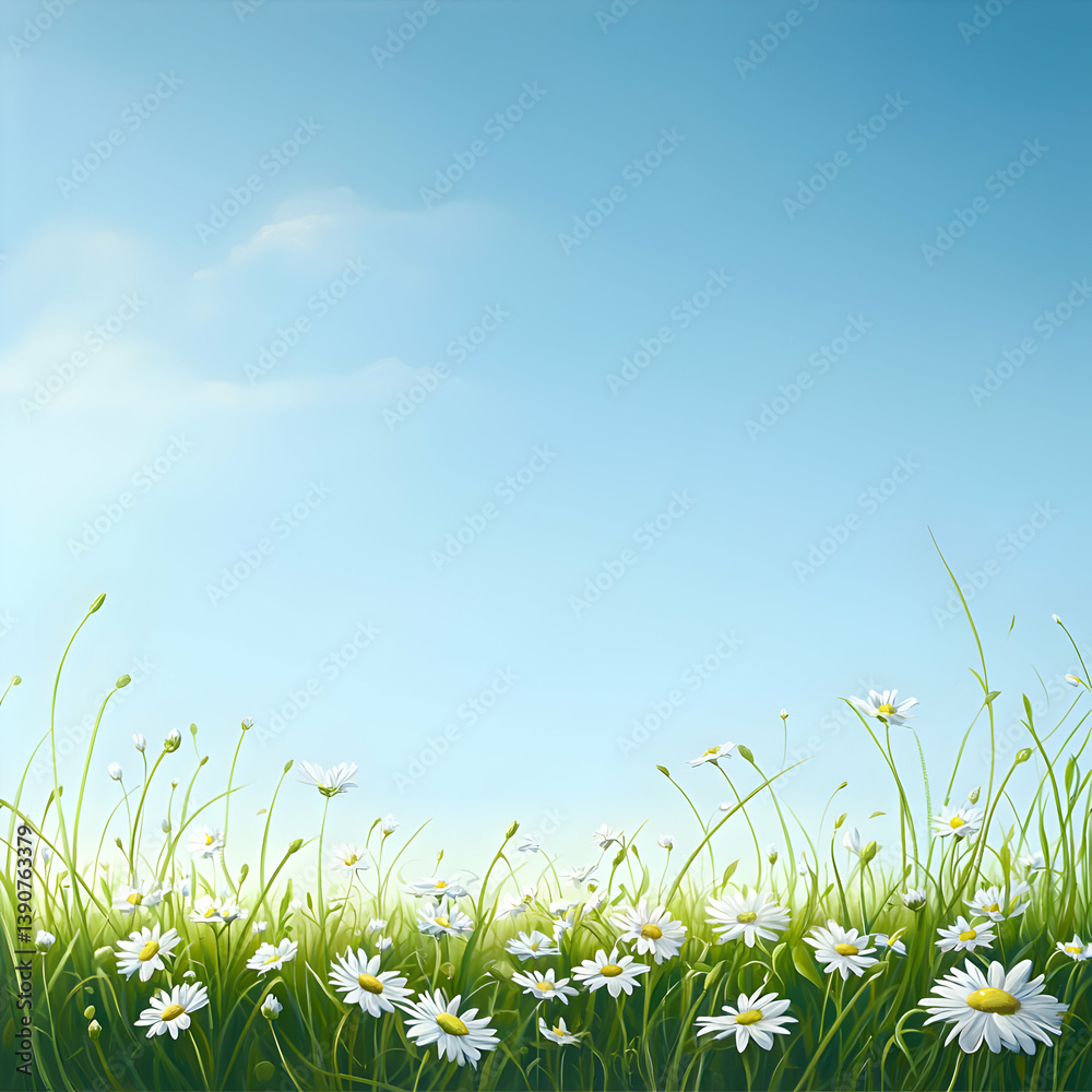 Fototapeta premium White Daisies in Green Field Against Bright Blue Sky with Soft Lighting