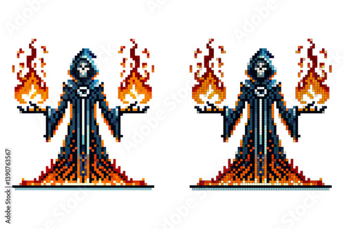 Pixel art wizard in a dark robe with blue and orange accents wielding fire magic in both hands on white background