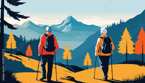 Elderly couple hiking in autumn landscape with mountains  