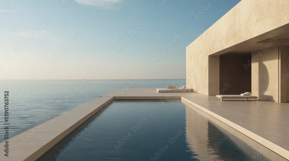 Obraz premium Serene Modern Architecture with Infinity Pool Overlooking Calm Ocean Horizon at Sunset