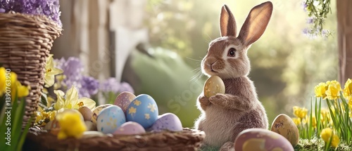 Obraz na płótnie Easter rabbit holding a colorful egg in a garden w salonie