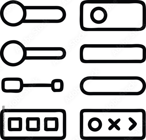 Outline-style UX black icon set featuring common interface elements like toggle switch, slider, input field, dropdown menu, and loading spinner, editable stroke vector